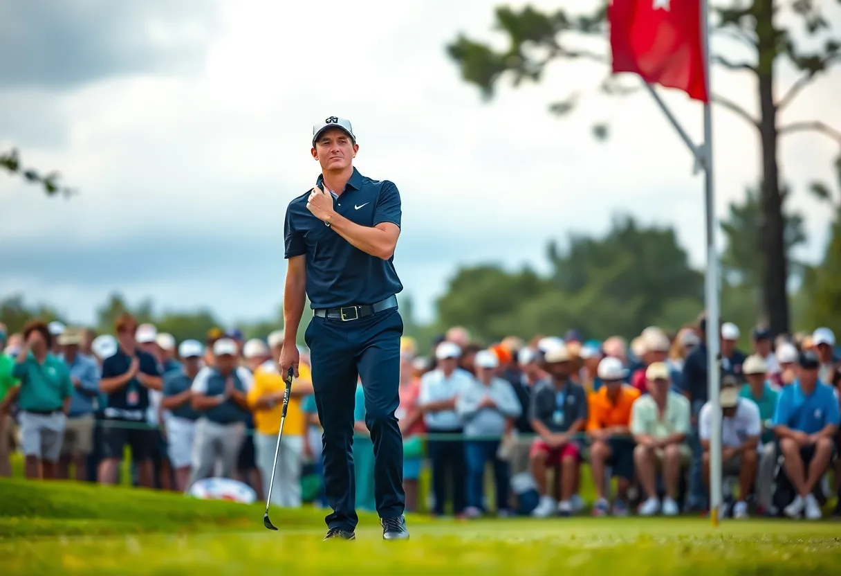 A golfer experiencing a moment of disappointment on the final hole of a tournament.