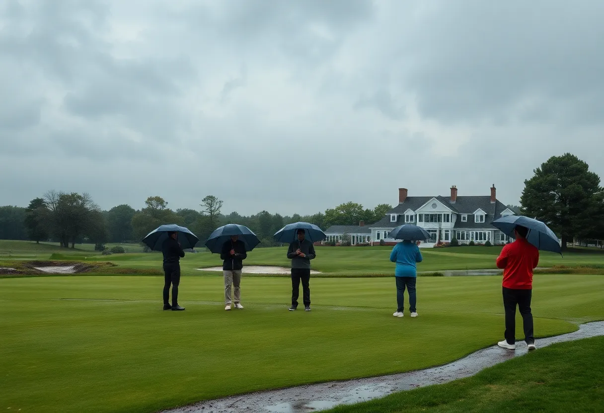 Golfers waiting due to heavy rain at U.S. Open