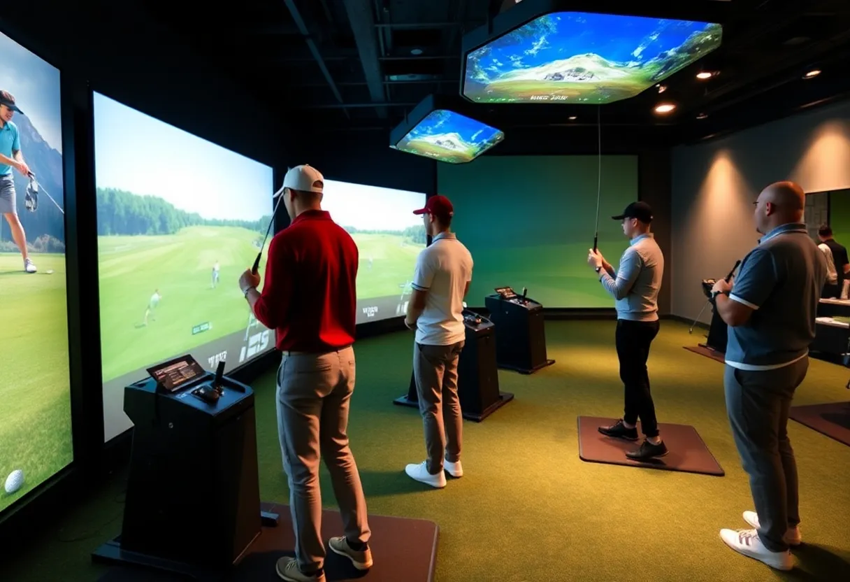 Players engaged in an indoor golf tournament at Jackson’s Golf Club using GolfZon simulators.