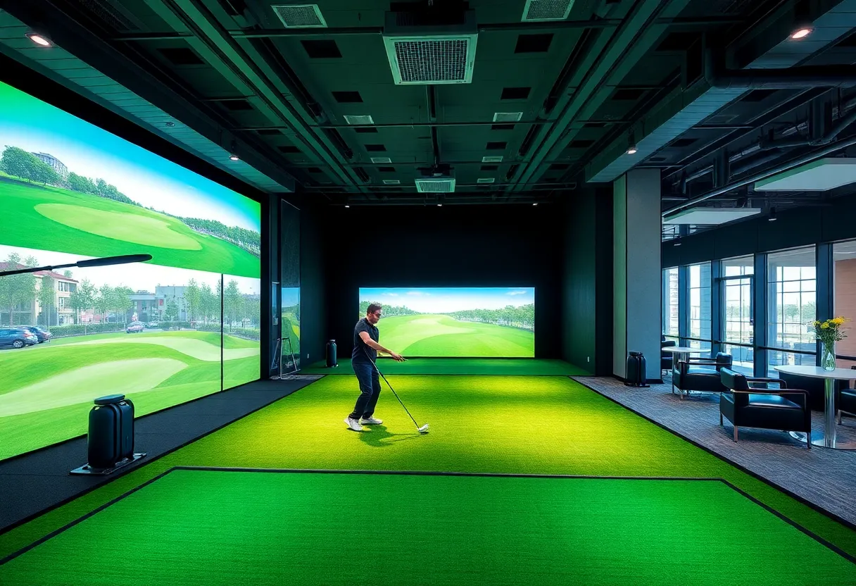 Interior view of Intown Golf Club showcasing modern golf simulators