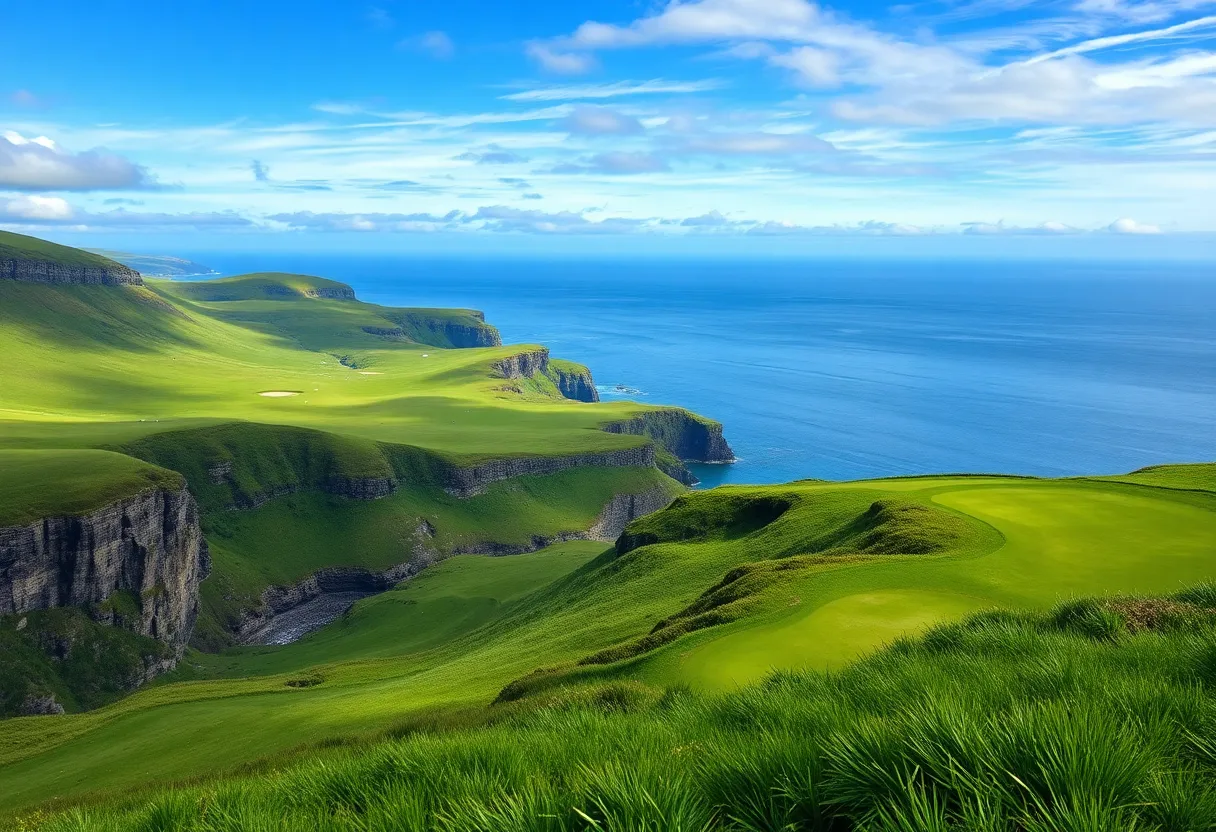 A beautiful golf course in Ireland surrounded by green landscapes.