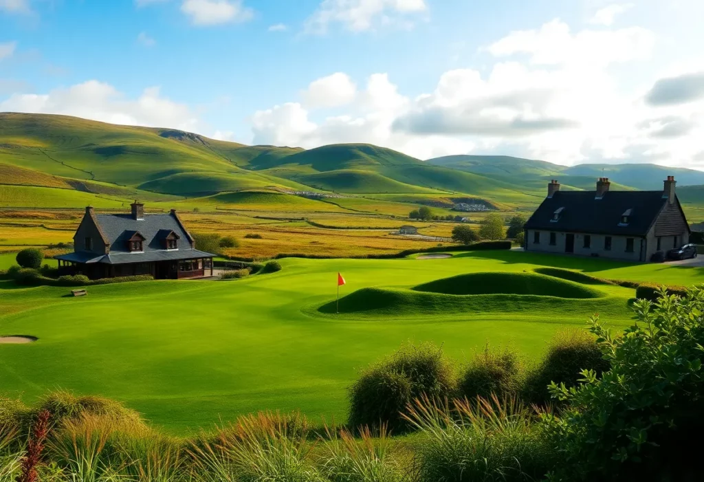 Scenic view of an Irish golf course with traditional cultural elements.