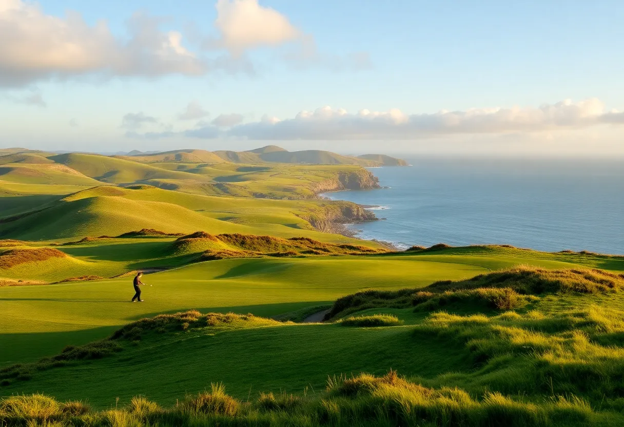 Lush Irish golf course with rolling hills and golfers