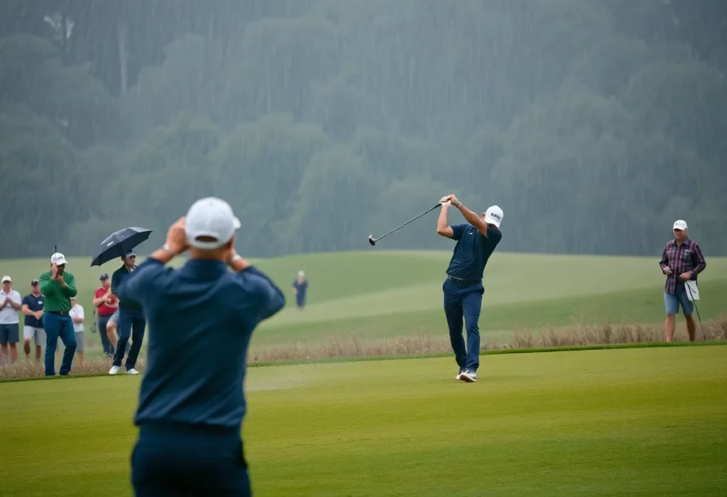 Golfers competing at KLM Open with stormy weather