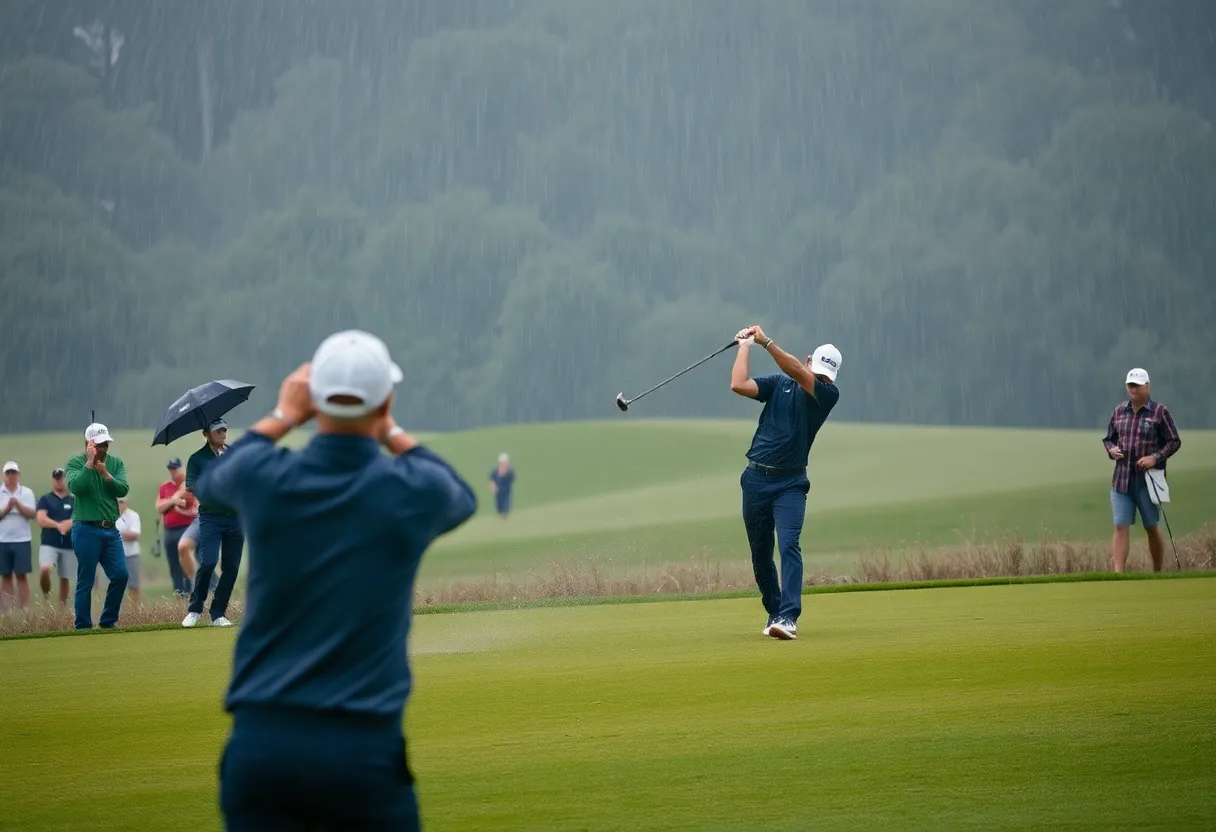 Golfers competing at KLM Open with stormy weather