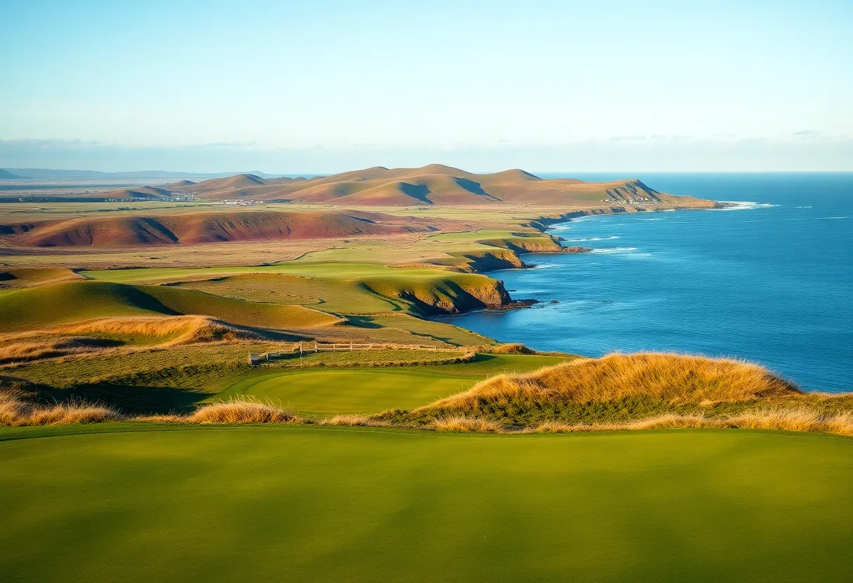Scenic view of a links golf course with coastal landscape