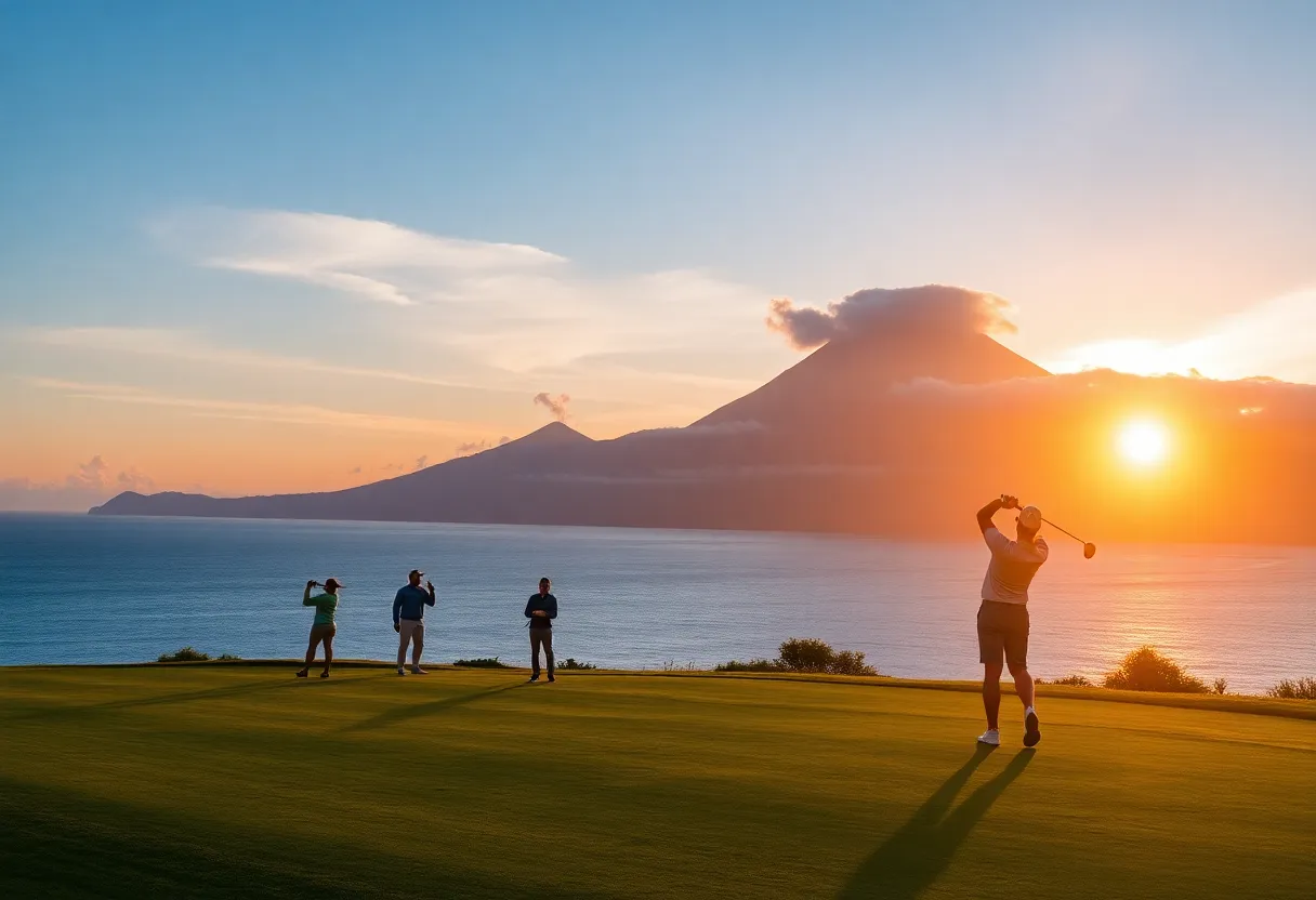 A scenic view of a luxury golf course at sunrise in Southeast Asia