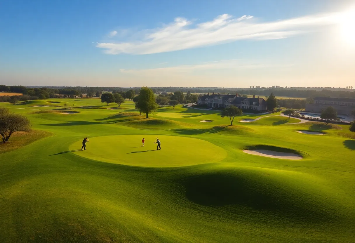 A picturesque luxury golf course with lush greens and clear blue skies