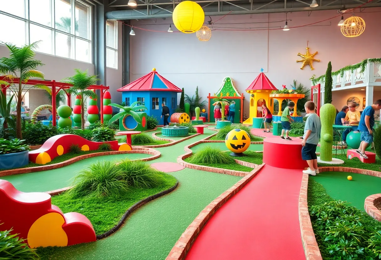 Players enjoying miniature golf on a colorful course