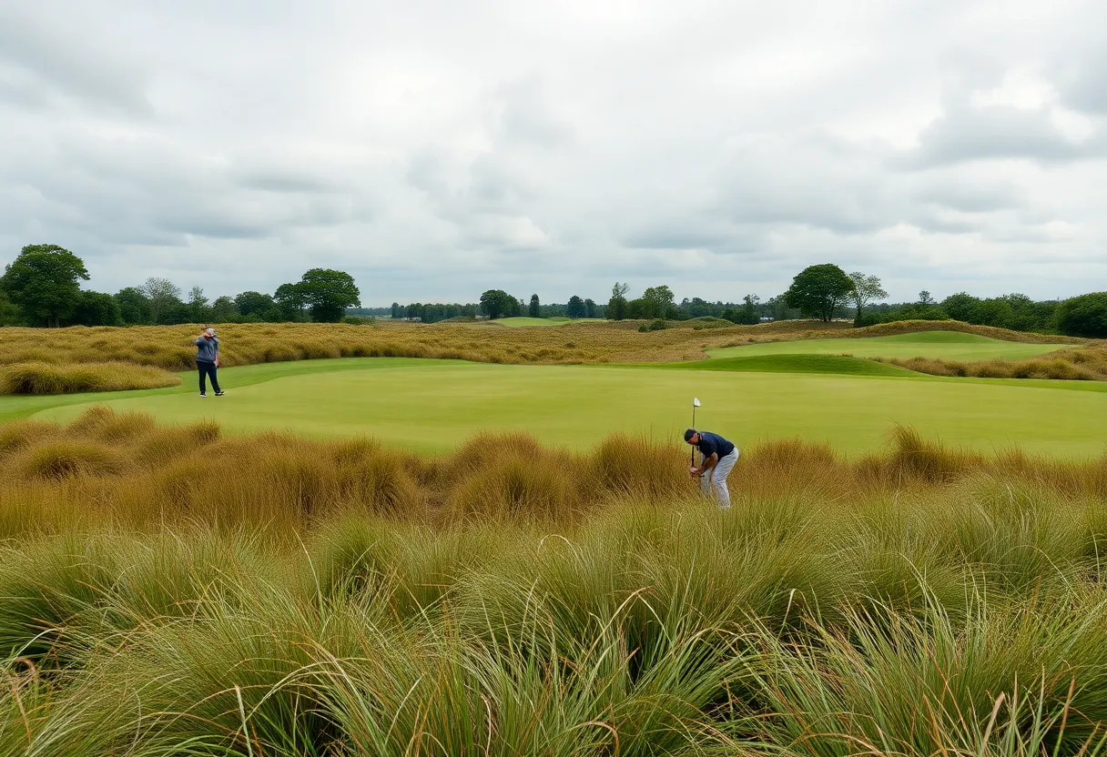 Golfers practicing at Oakmont Country Club under challenging conditions
