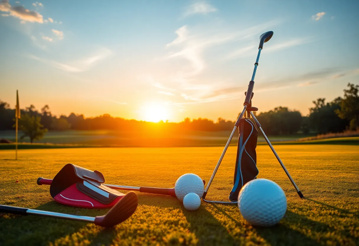 A golf course showing equipment representing one-armed golfing.