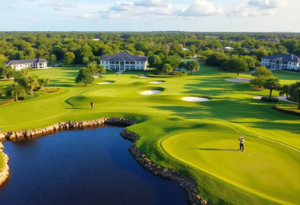 A beautiful golf course in Palm Beach County with golfers on the green.