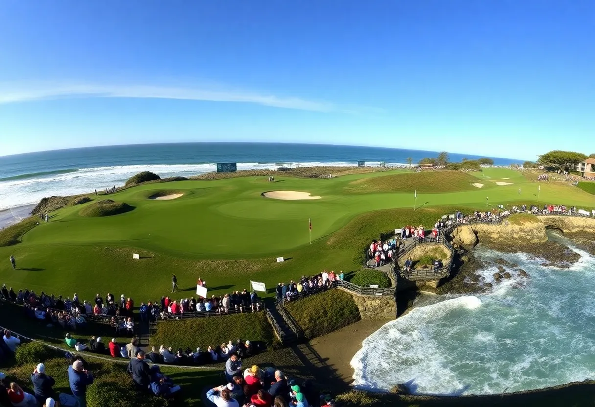A vibrant scene of the Pebble Beach Pro-Am golf tournament, showing lush green course and enthusiastic spectators.