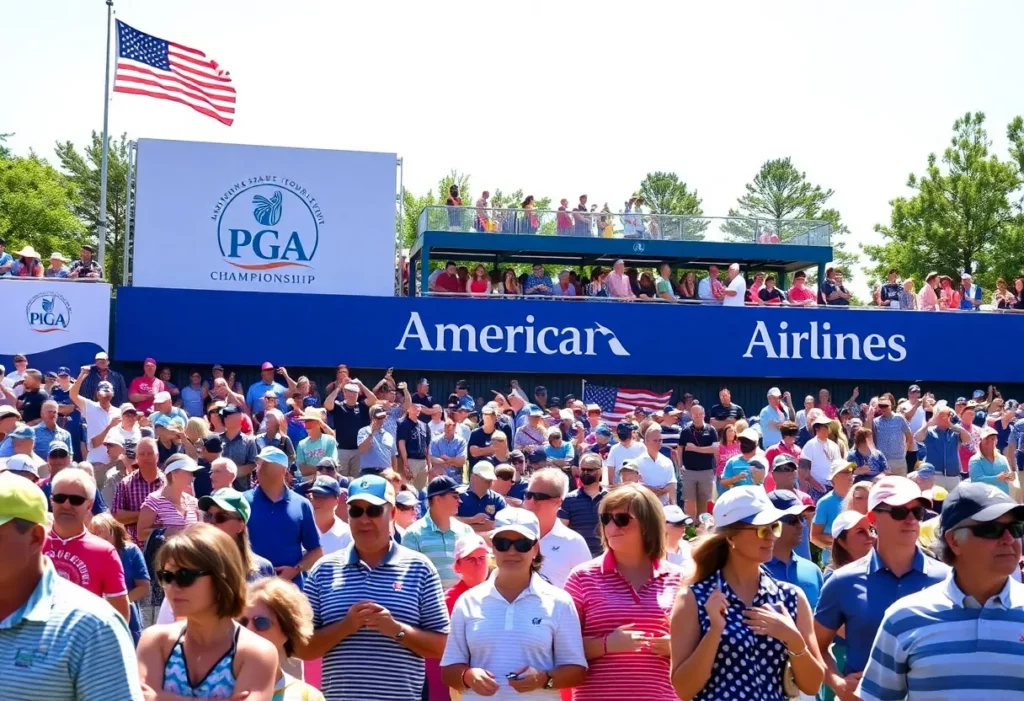 Golf fans at the PGA Championship enjoying the event with American Airlines banners