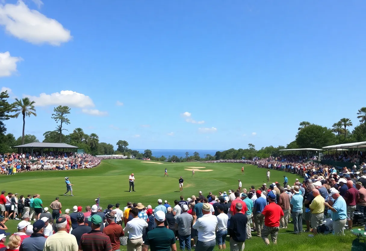 Golfers competing in a PGA Tour event with enthusiastic fans in the background.