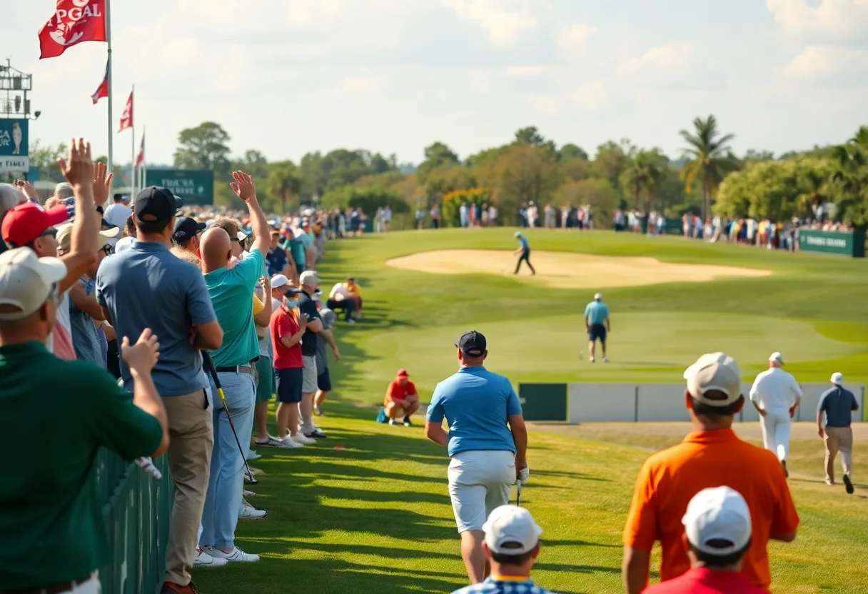 Vibrant scene of a golf tournament featuring spectators and players