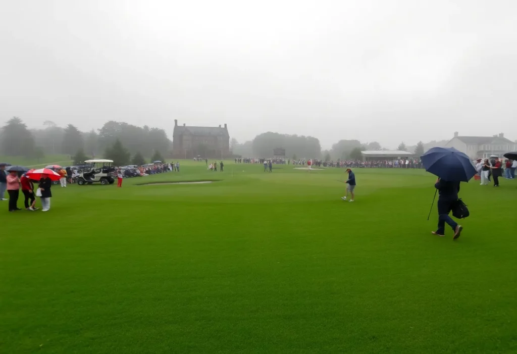 Golf course at Oakmont during rainy conditions at the 2025 U.S. Open.