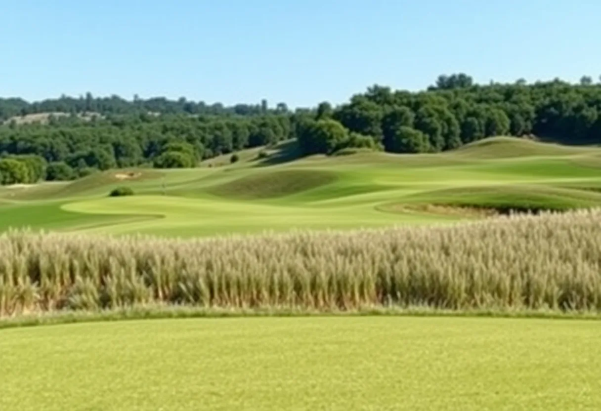 Aerial view of the newly redesigned Pines Course showing lush fairways and vibrant greens.