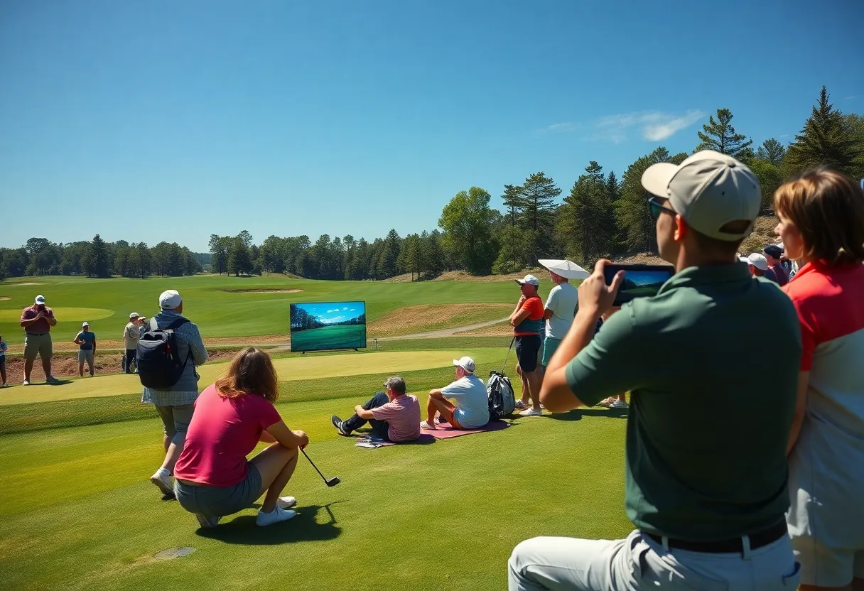 A lively golf course scene with modern technology and fans engaging with golf-related content.