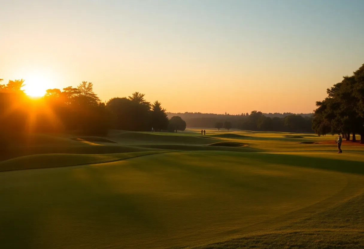 Sunset over River Oaks Golf Club, showcasing golfers on the course
