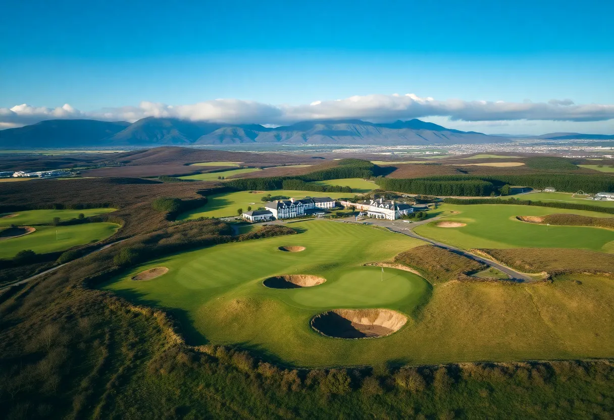 Aerial view of the Royal County Down Golf Course with mountains in the background