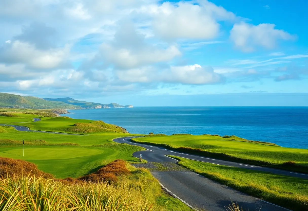 A breathtaking golf course view along a coastal road.