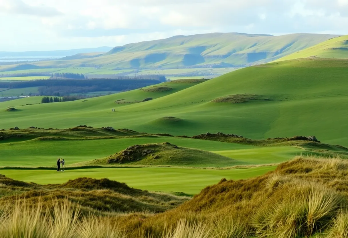 View of a famous Irish golf course with golfers playing