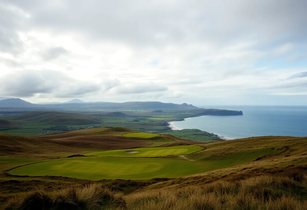 A scenic view of a Scottish links golf course featuring rolling terrain and the coast.
