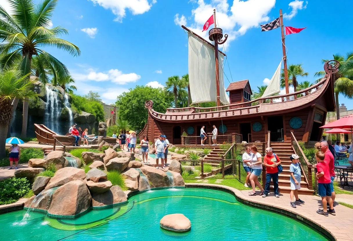 Shipwreck-themed mini golf course with waterfall and pond