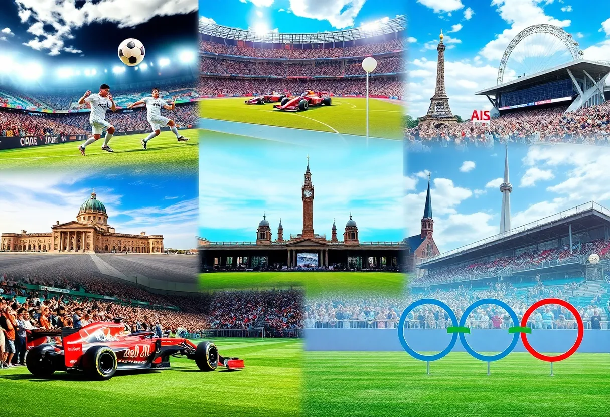 A collage of diverse sports events showcasing the excitement of global sports tourism.