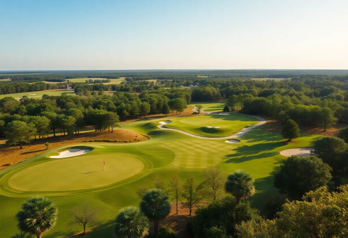 Lush fairways of a top golf course in South Carolina under blue skies.