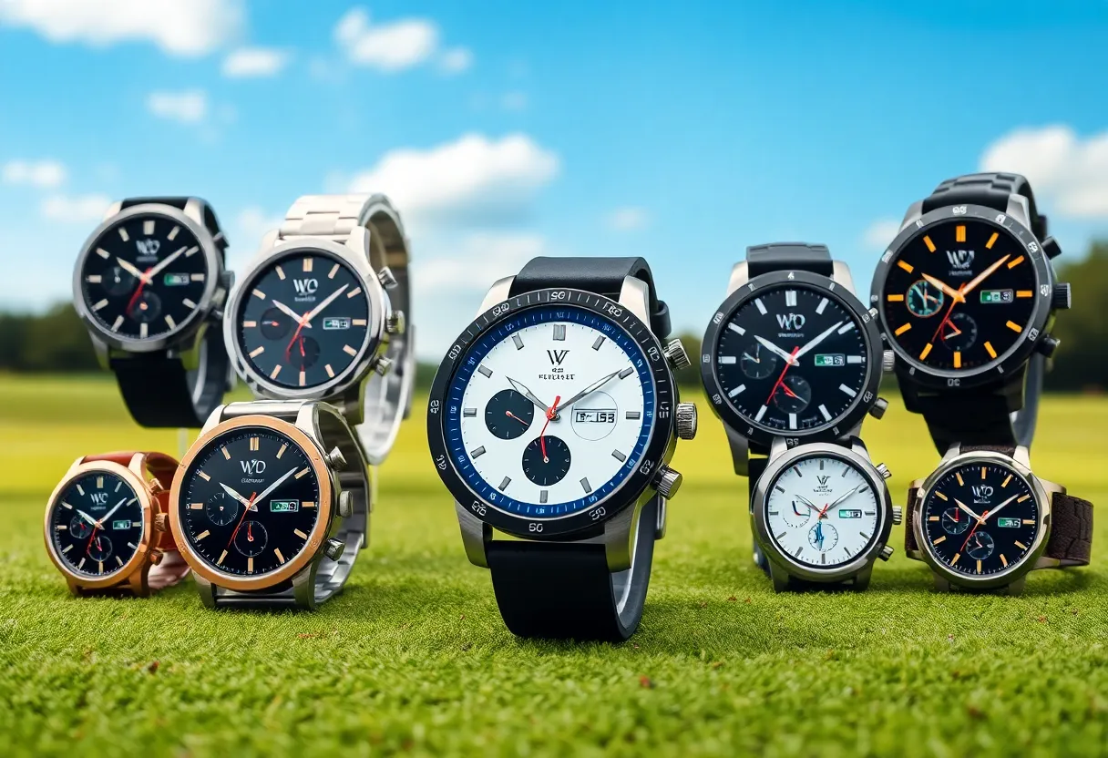 Collection of advanced golf watches on a golf course.