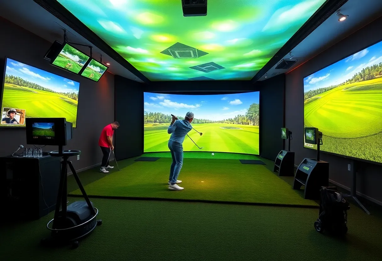 High-tech indoor golf simulator with advanced graphics and launch monitors