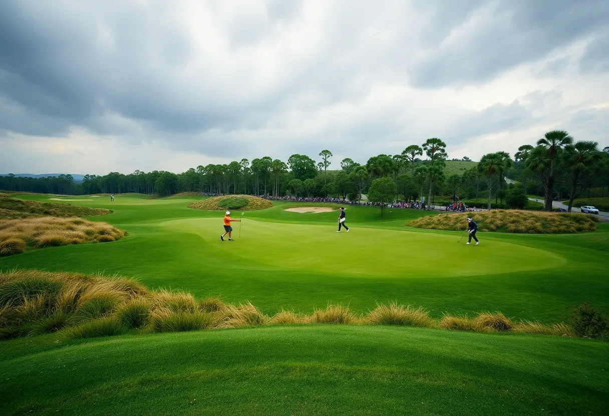 Golf tournament scene with players facing challenging conditions on the course.