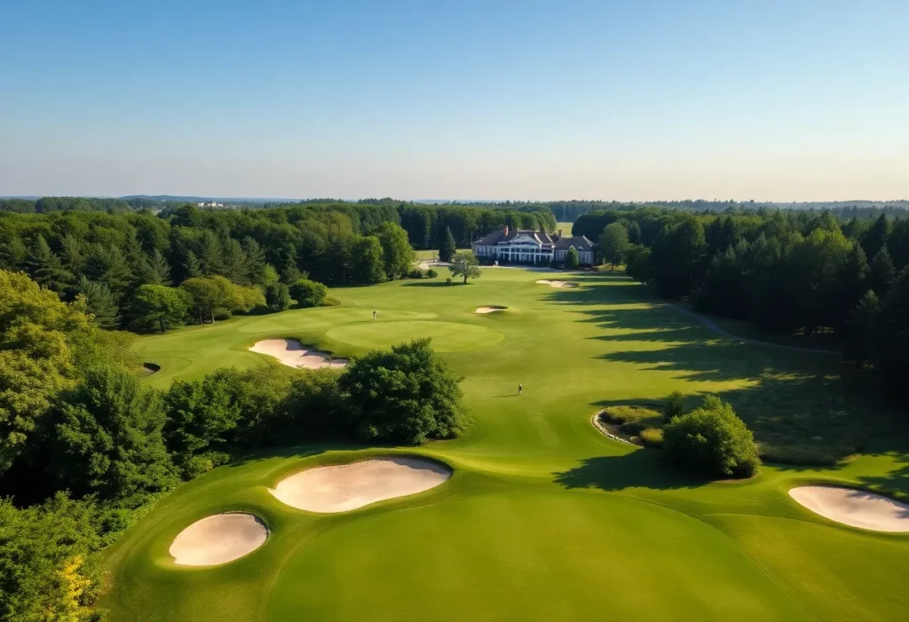 Aerial view of players competing at Oakmont Country Club during the US Open Golf Tournament.