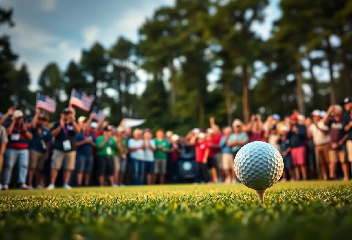 Golf scene featuring a ball near the hole with spectators in the background