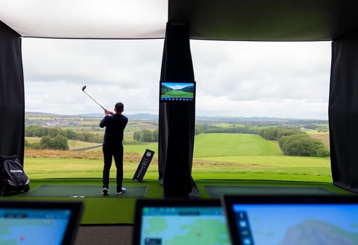 Golfers enjoying virtual play at Royal Portrush driving range