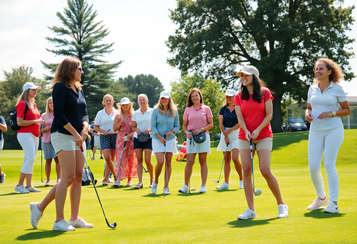 Women golfers enjoying a lesson and socializing during Women’s Golf Day event.