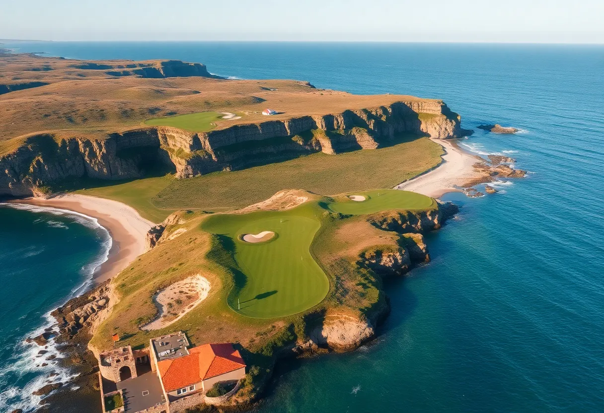 Picture of a coastal golf course with ocean and cliffs in the background.