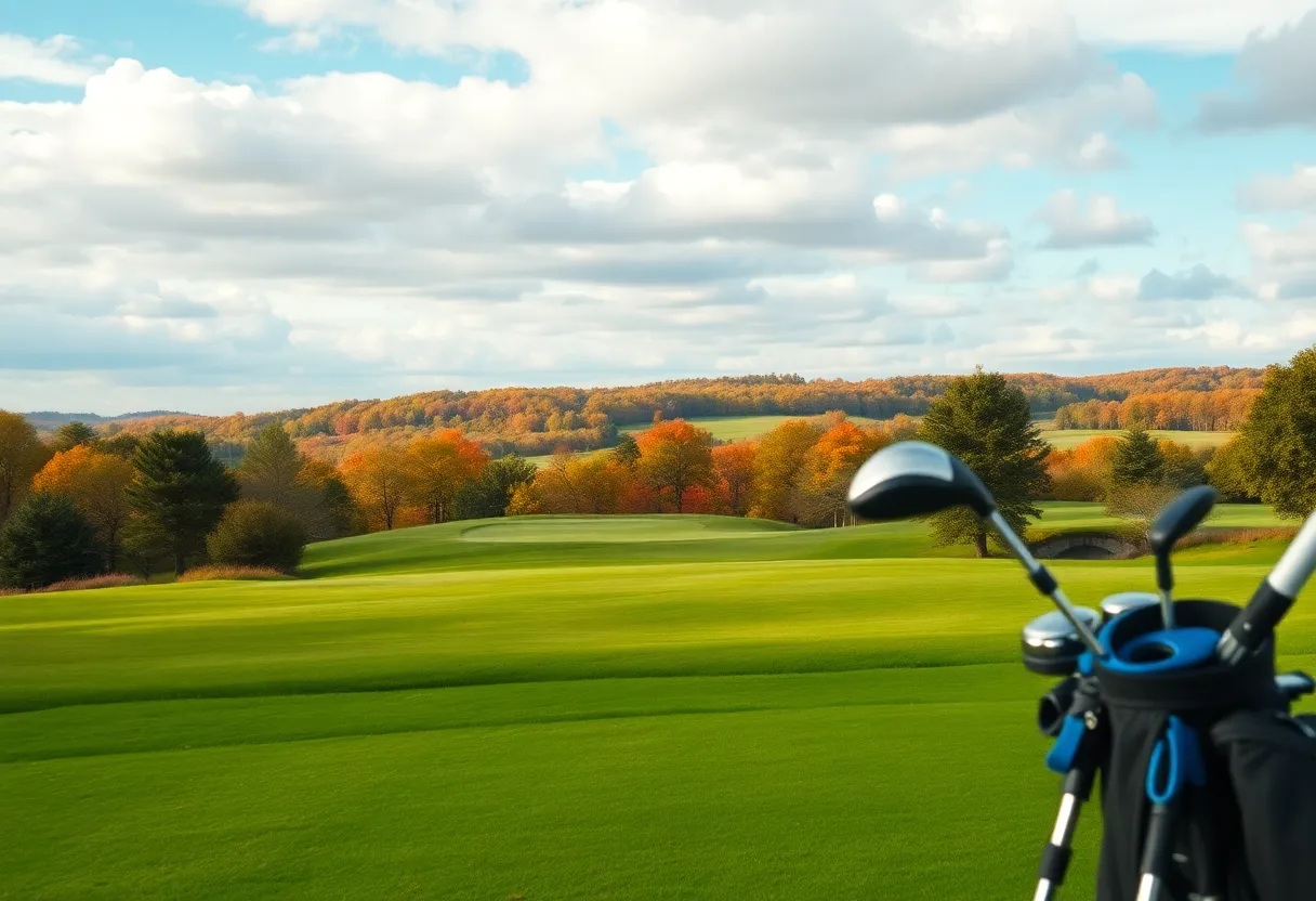A golf course landscape with equipment, symbolizing competition