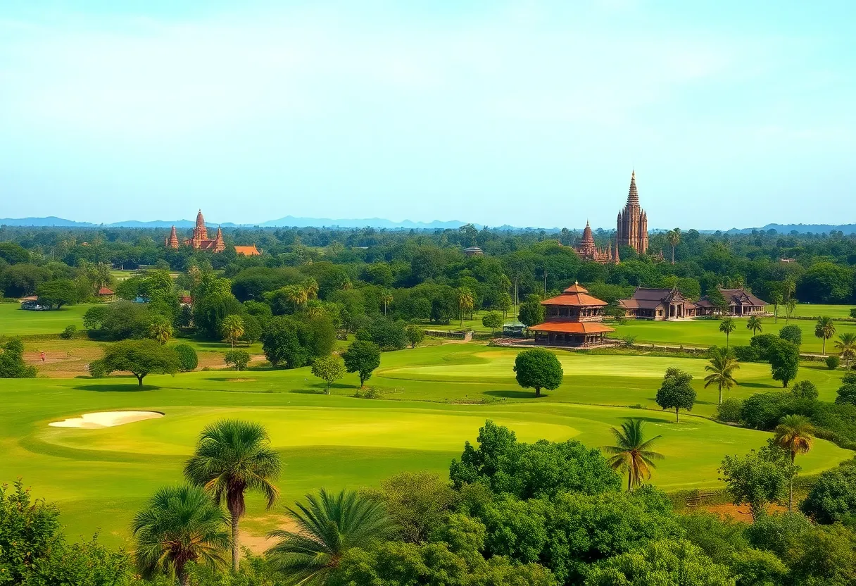 Lush green golf course in Cambodia with cultural landmarks in the background