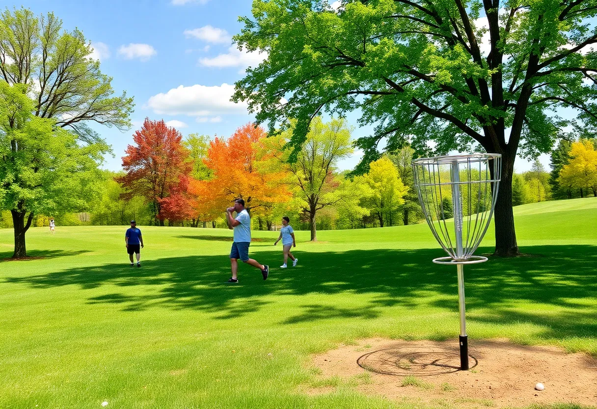 Players enjoying a round of disc golf in a scenic park in Lawrence, Kansas.