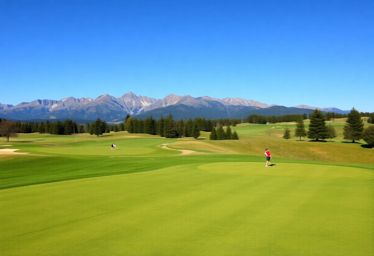 A scenic view of a Fairmont golf course with mountains and clear skies.