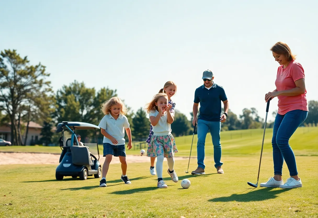 Families playing golf on a spacious family-friendly Wee Course.