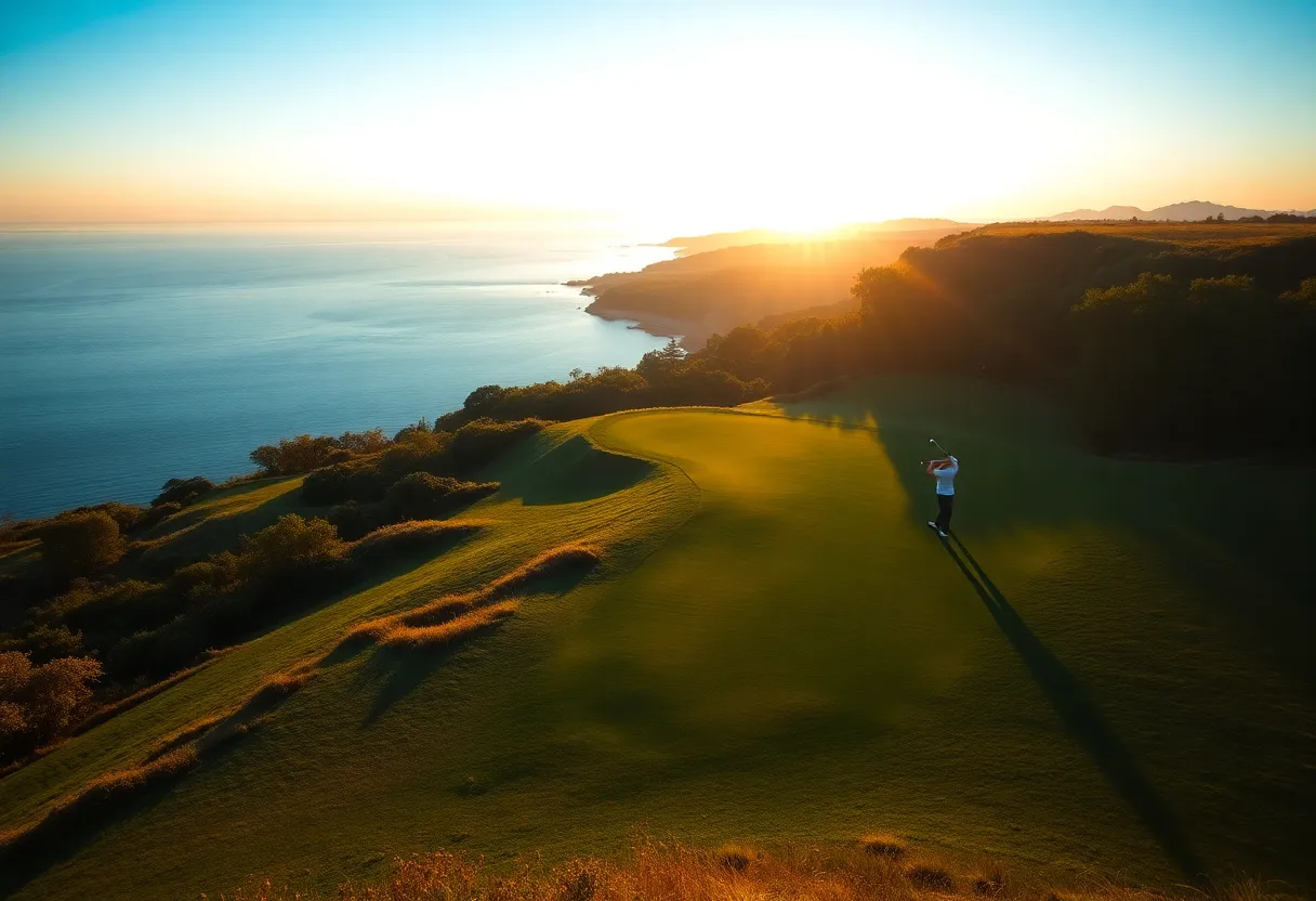 A picturesque golf course during golden hour featuring a golfer capturing a swing.