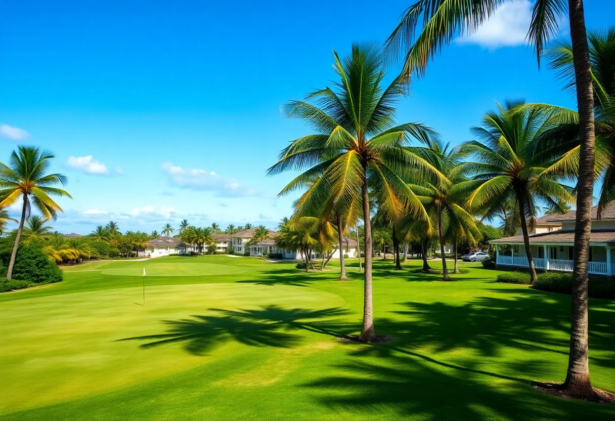 Scenic view of a golf course in Mauritius with tropical landscape