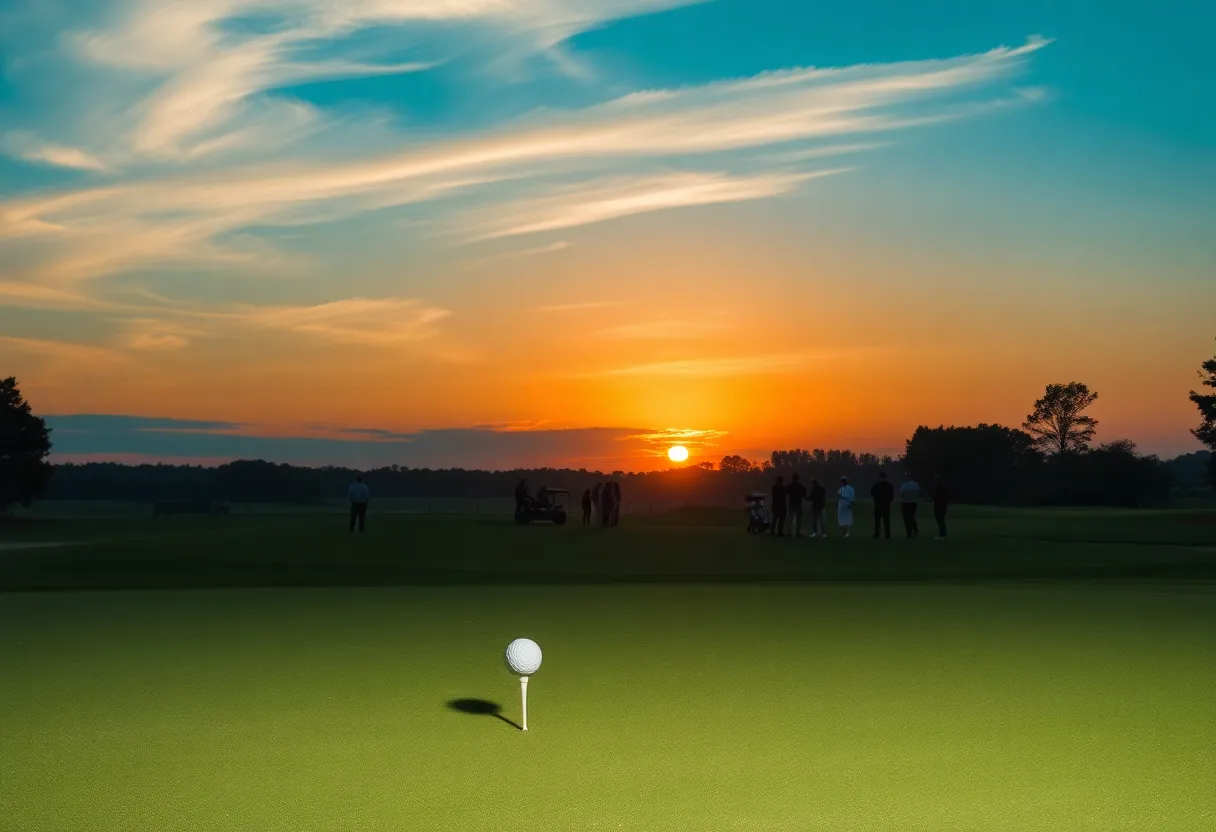 A picturesque sunset over a golf course with people celebrating in the background.