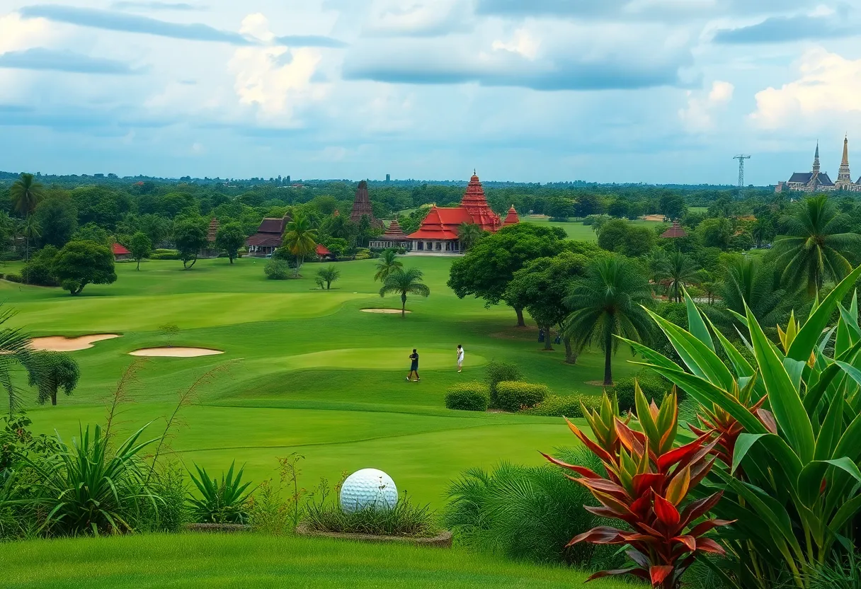 Scenic view of a golf course in Cambodia surrounded by cultural landmarks