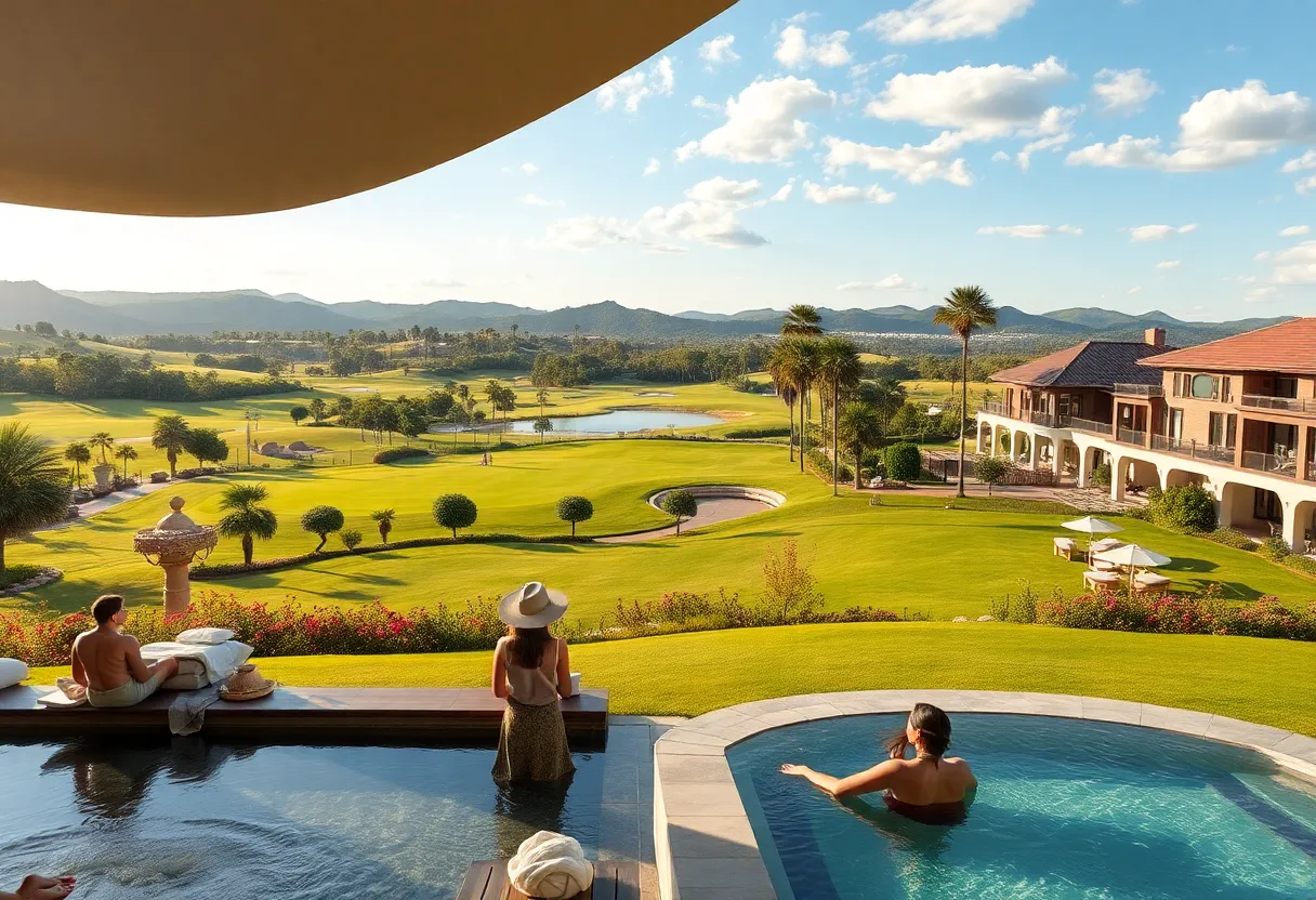 A serene view of a luxury golf resort with spa facilities