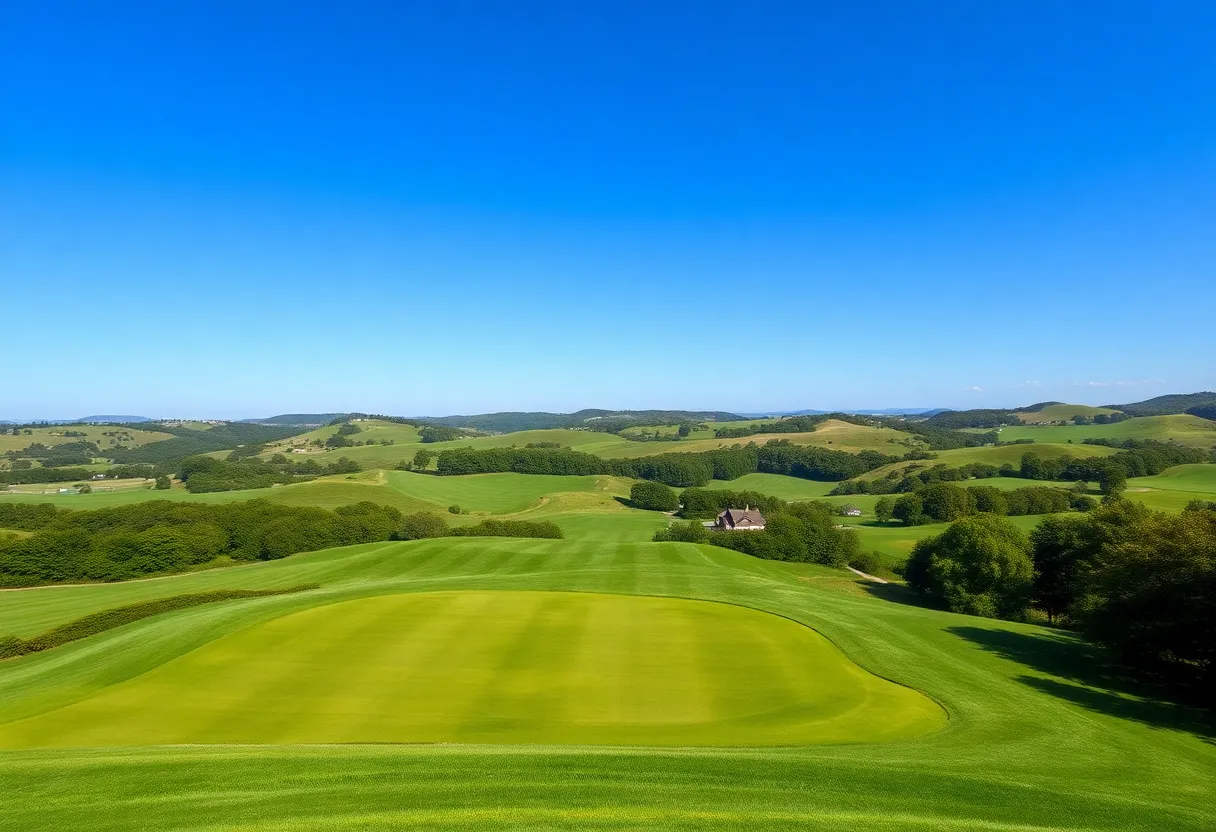 A scenic view of a golf course in New York with rolling hills.